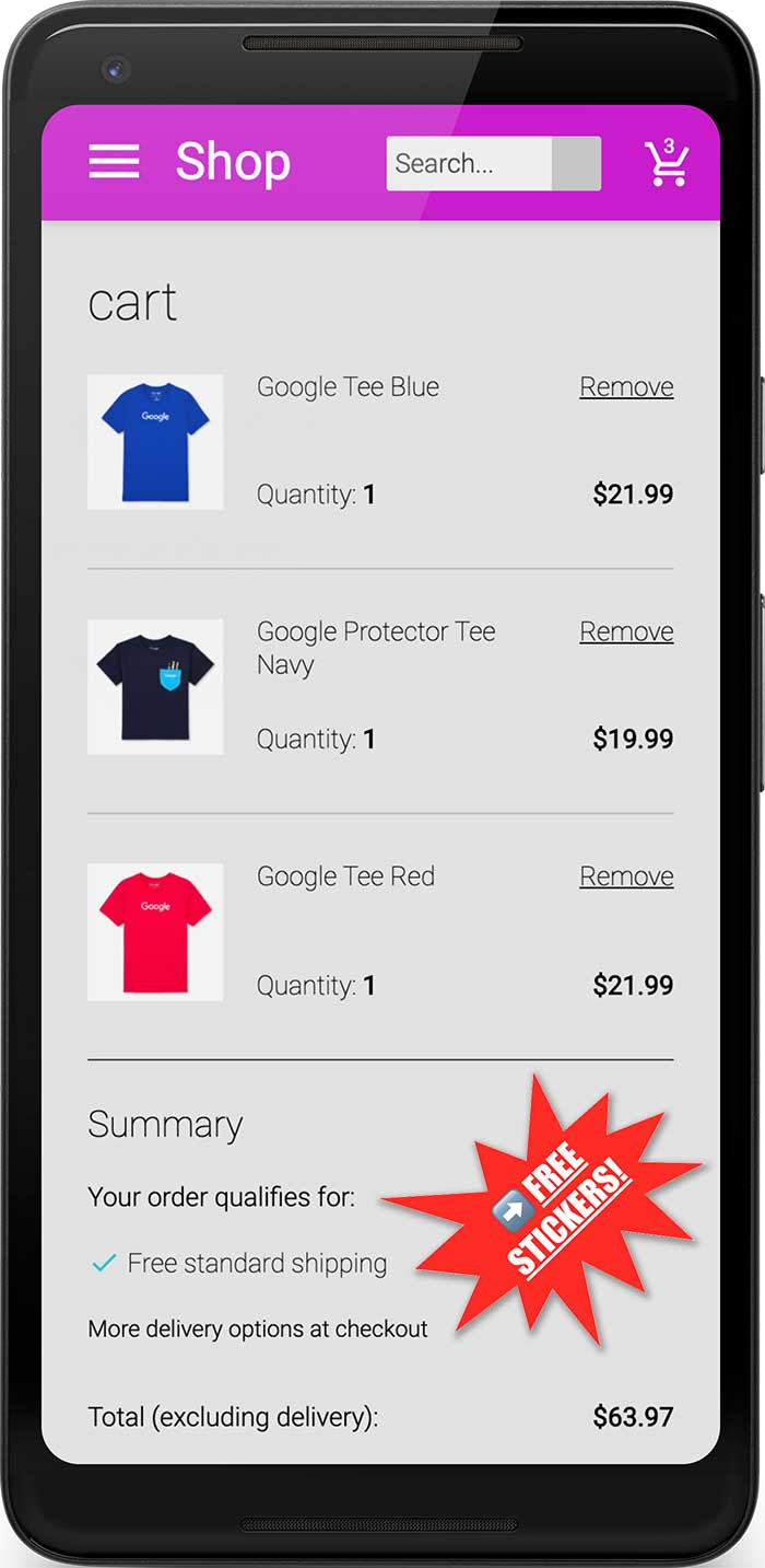 Capture d'écran d'une page de paiement sur mobile montrant une promotion gênante pour les autocollants SANS FRAIS.