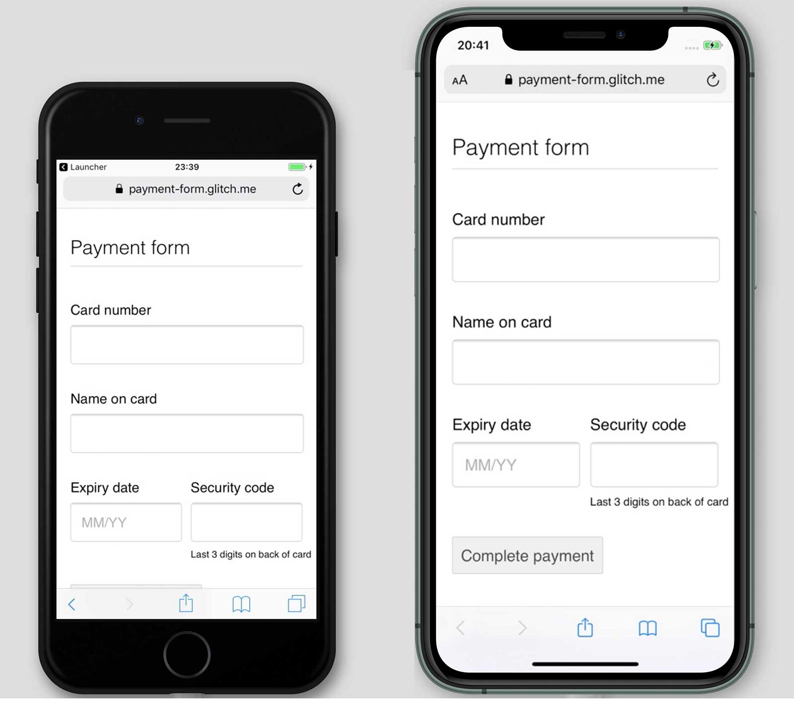 iPhone 7 和 11 上付款表单 pay-form.glitch.me 的屏幕截图。iPhone 11 上显示了“完成付款”按钮,但在 iPhone 7 上不显示