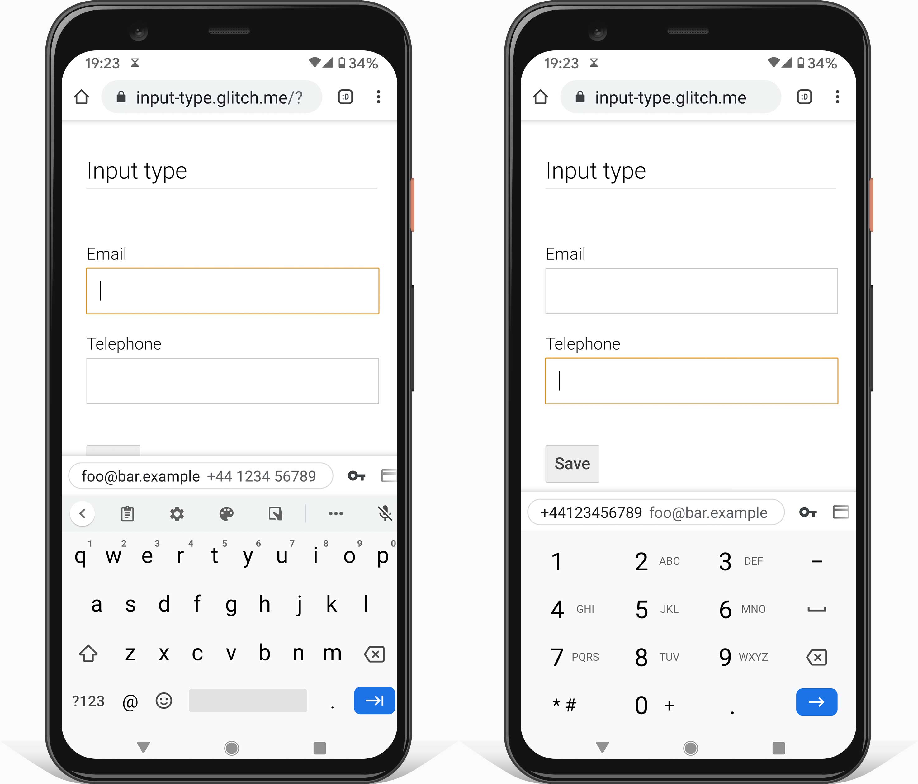 メールアドレスの入力(type=email の使用)と電話番号の入力(type=tel の使用)に適したキーボードを示す Android スマートフォンの 2 枚のスクリーンショット。