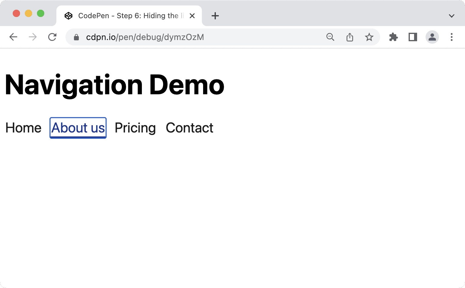 フォーカスされているリンクを囲む青色の 2 ピクセルの枠線(Chrome 103)。