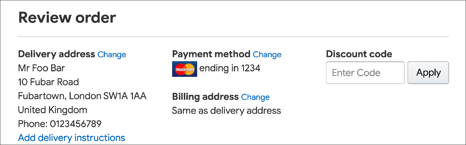 Exemple de page de paiement affichant un lien pour modifier l'adresse de facturation