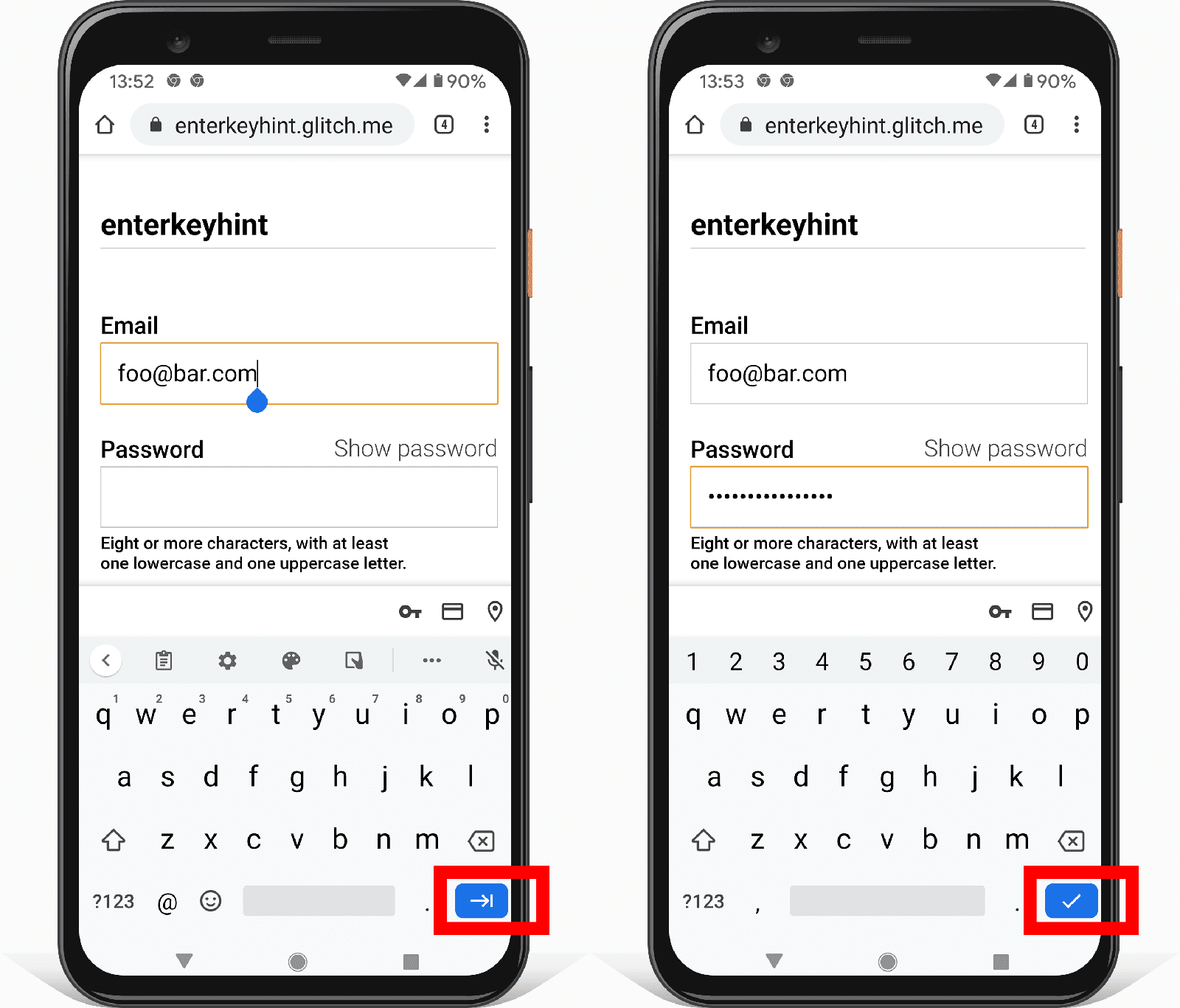 Android 上的地址表单的两个屏幕截图,显示了 Enterkeyhint 输入属性如何更改 Enter 键按钮图标。