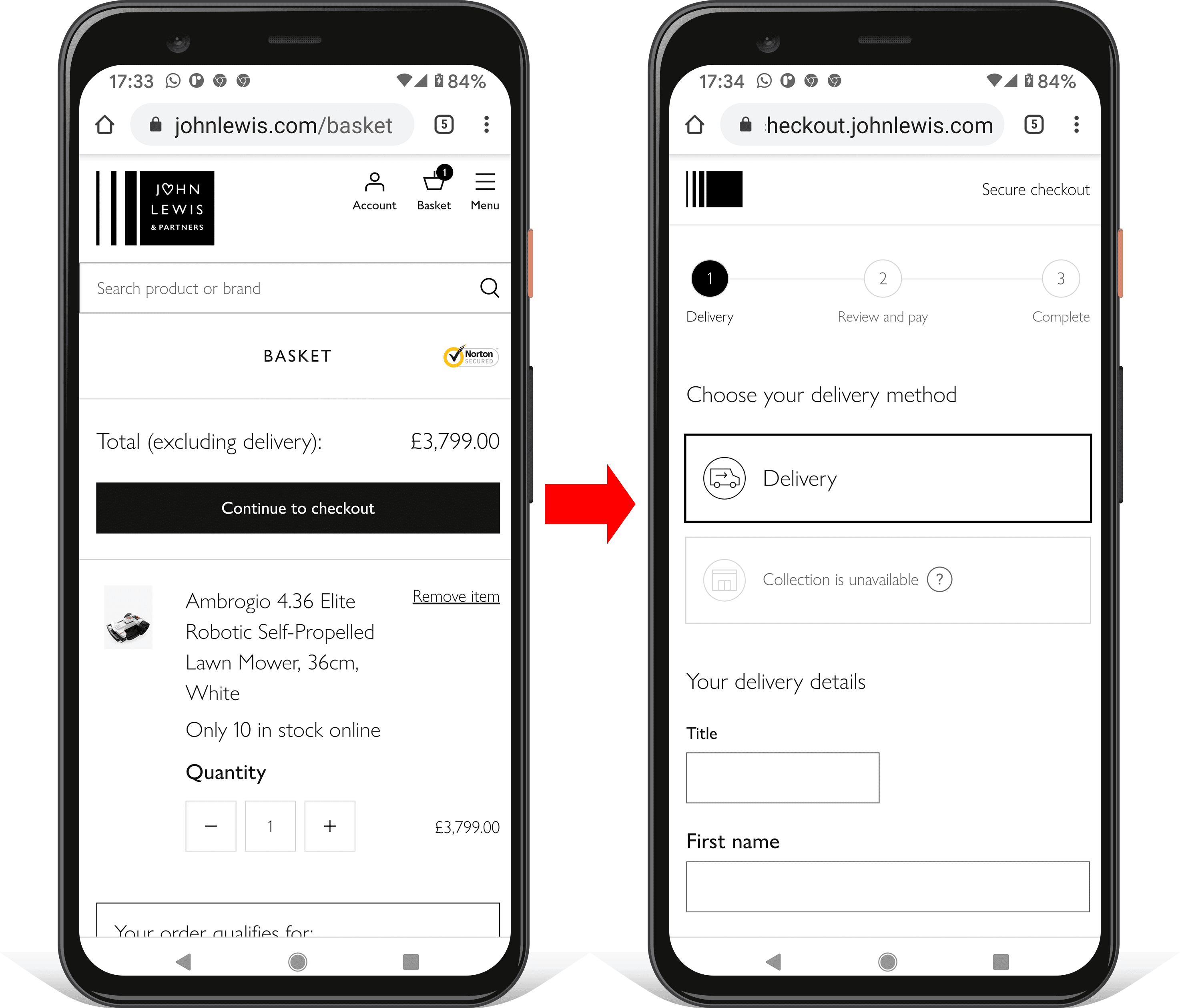 移动设备上的两张屏幕截图,显示 johnlewis.com 结账进度。移除搜索、导航和其他分散注意力的对象。